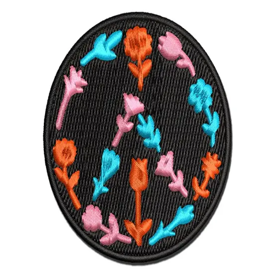 Botanical Flower Peace Sign Multi-Color Embroidered Iron-On or Hook & Loop Patch Applique {1}