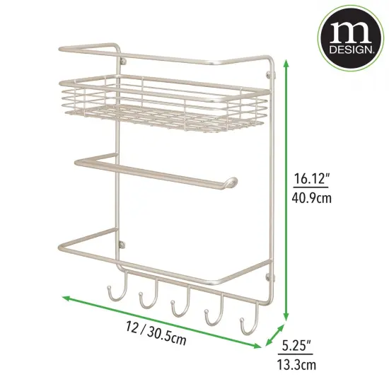 mDesign Metal Wall Mount Paper Towel Holder with Storage Shelf & Hooks {3}