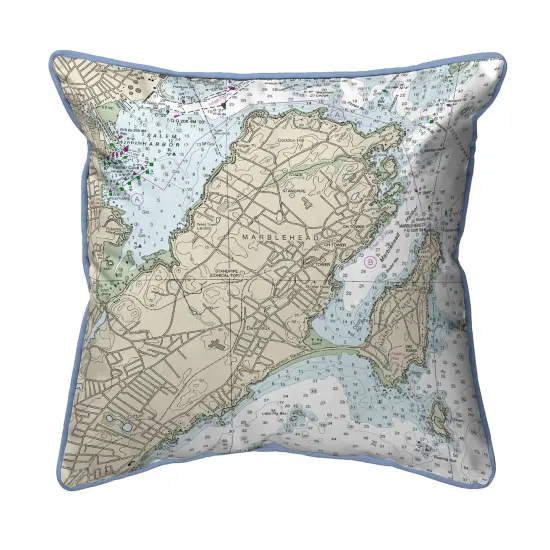 Betsy Drake Marblehead, MA Nautical Map Large Corded Indoor/Outdoor Pillow 18x18 {1}