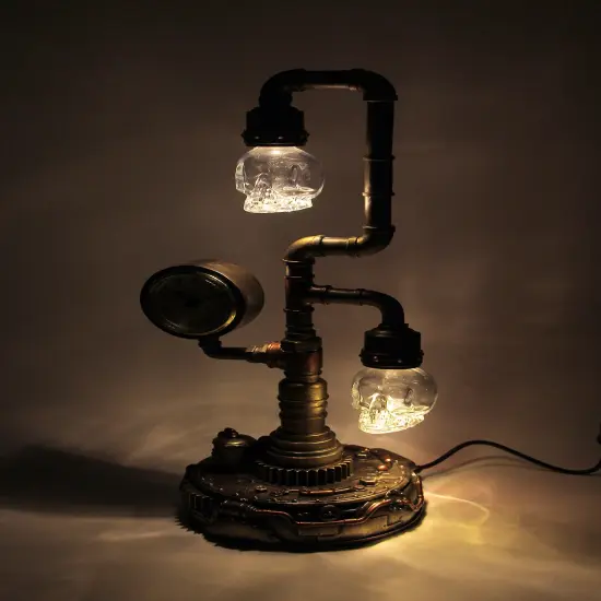 Steampunk Pipework Clock Stand Cordless LED Skull Bulb Copper Accent Desk Light {4}