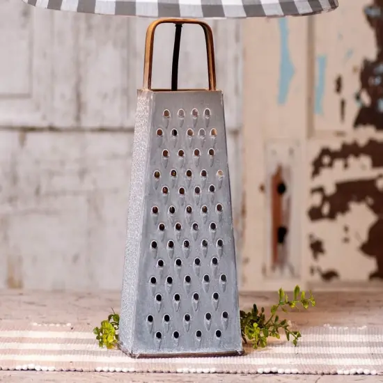Irvins Country Tinware Cheese Grater Lamp with Gray Check Shade Grey {4}