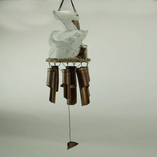 White Hand Carved Wood Coastal Perched Pelican Wind Chime for Garden Yard Patio {4}