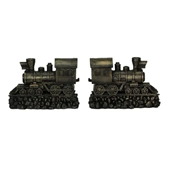 Set of 2 Bronze Steam Locomotive Bookends Decorative Resin Train Shelf Decor Art {1}