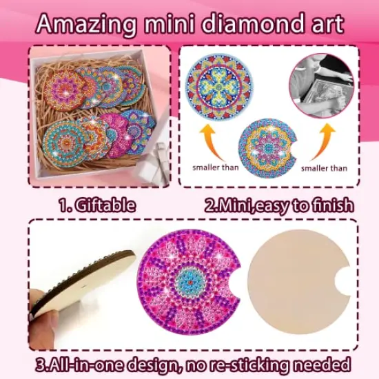 8 Pcs Diamond Art Car Coasters - 2.8 Inches Mandala Diamond Painting Coasters by BSRESIN, Small Diamond Painting Kits, DIY Crafts for Adults {4}