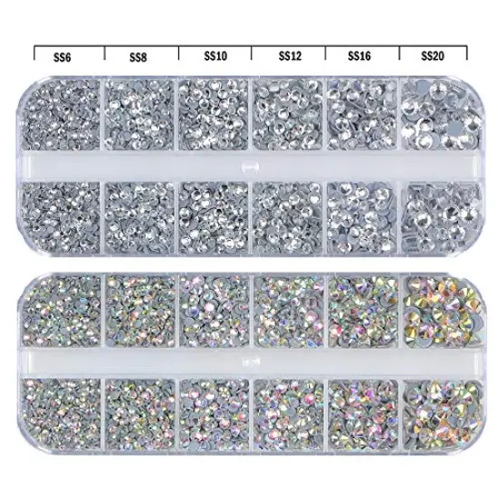 Massive Beads 9500+ Flatback Round Glass Hotfix Iron On Rhinestones Gemstone for DIY Making w/ 1 Tweezer & 1 Picking Pen for Shoes, Clothes, Bags, Manicure (12-Colors, Crystal, Crystal AB, 5&6 Sizes) {6}