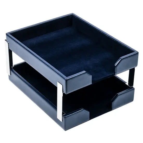 Navy Blue Bonded Leather Double Letter Trays {1}