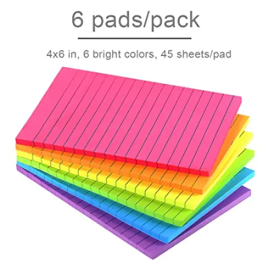 Lined Sticky Notes 4X6 in Bright Ruled Post Stickies Colorful Super Sticking Power Memo Pads Its Strong Adhesive, 6 Pads/Pack, 45 Sheets/pad {3}