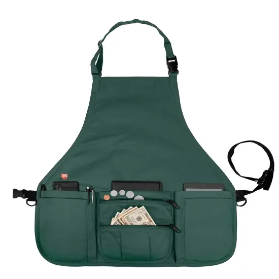 Smart Apron Bib Apron 7 Pockets with Zippers Adjustable Quick-Release Waistband 60 Inches Long, 16 Reinforced Stress Points for Crafters, Teachers, Artists, Scrap Bookers, Sewing, Concessions Green {1}