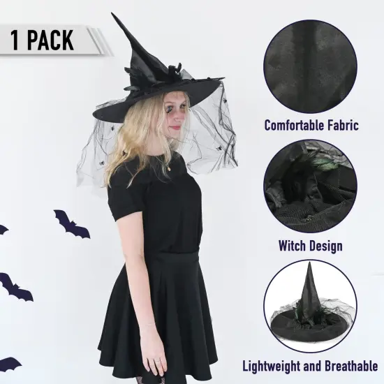 Deluxe Pointed Witch Hat - Glamorous Black Witches Accessories Fancy Satin Hat with Bow, Spiders and Black Feathers {5}