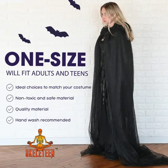 Black Hooded Tulle Cape - Long Chiffon Medieval Net Robe Vampire Bride Sheer Cloak Costume for Adults and Teens {5}