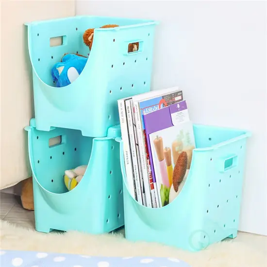 Stackable Plastic Storage Container Blue Set of 3 {2}