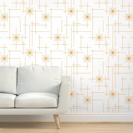 Peel & Stick Wallpaper 2FT Wide Mid Century Atomic Starbursts White Orange Stars Abstract Modern Bold Sun Custom Removable Wallpaper by Spoonflower {5}