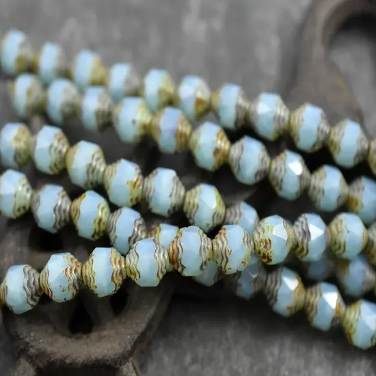 *15* 10x8mm Aqua Opaline Picasso Turbine Beads {3}