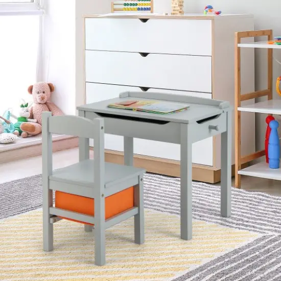 Wood Activity Kids Table and Chair Set with Flip Top Design and Pull-out Drawer Grey {2}