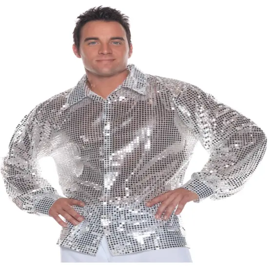 Men's 70s Silver Sequin Disco Shirt {1}