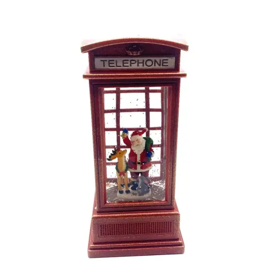 7" Red Telephone Booth Water Snow Globe with Santa and Reindeer Inside | Christmas Decor {1}