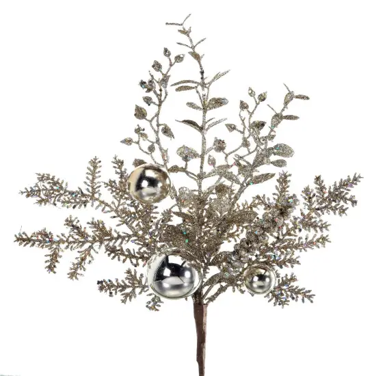 18" Platinum Glittered Smilax, Berry, and Fir Ball Spray &ndash; Elegant Christmas Decoration {1}