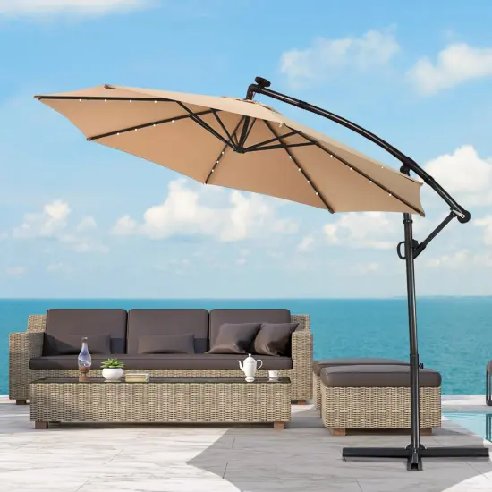 Costway 10FT Patio Umbrella Solar Powered LED 360degrees Rotation Beige {3}