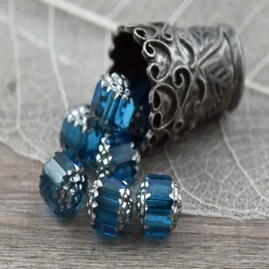 Silver Washed Capri Blue Fire Polished Cathedral Beads {4}