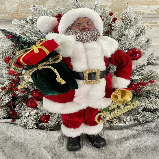 19" Velvet Resin Black Santa with Fur: Elegant Holiday Decoration with Luxurious Detailing {4}