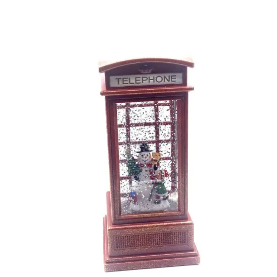 7" Red Telephone Booth Water Snow Globe with Snowman and Child - Christmas Decor {1}