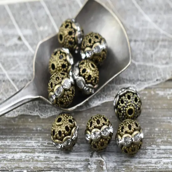 Antique Bronze Rhinestone Filigree Round Beads -- Choose Your Size {4}
