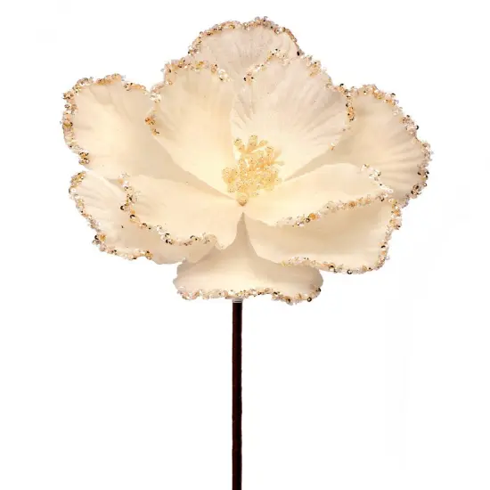 24" Ivory Velvet Glitter Bead Edge Magnolia Stem - Luxurious Christmas Floral Decoration {1}