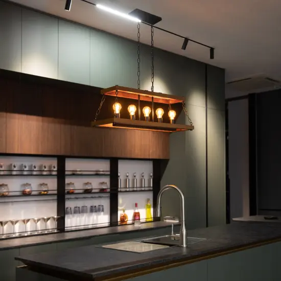 Vintage Industrial Style Wooden Rectangle 5 Bulb Ceiling Hanging Light Fixture, Brown Decorative Chandelier {2}