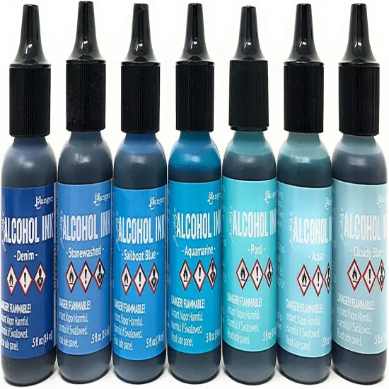 Blue Alcohol Inks Set, Tim Holtz Alcohol Ink Blues 7-Pack, 10 Pixiss Blending Tools {2}