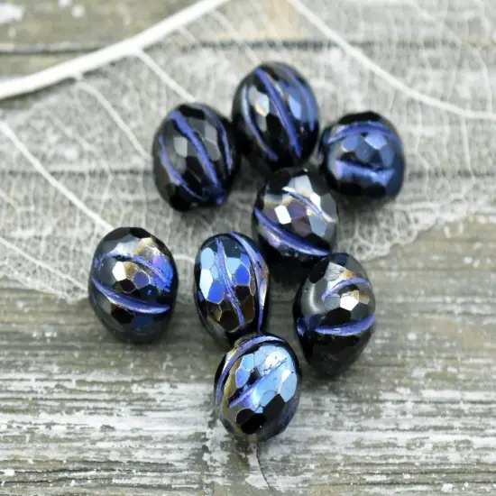 *12* 10mm Bronze Washed Jet Black Blue Marea Faceted Round Melon Beads {2}