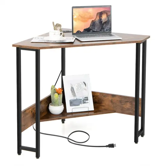 Costway Triangle Computer Desk Corner Desk Home Office with Power Outlets USB Ports Black/Rustic {1}