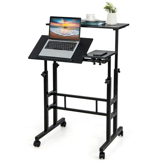 Costway Mobile Stand up Computer Desk Rolling Standing Laptop Cart with 2 Tilting Desktops Sitting Standing Modes Height Adjustable Home Office Black {1}