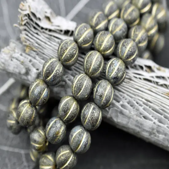 Gold Washed Etched Sapphire Picasso Round Melon Beads -- Choose Your Size {5}