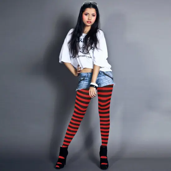 Black and Red Tights - Striped Nylon Stretch Pantyhose Stocking Accessories for Every Day Attire and Costumes for Teens and Children {6}