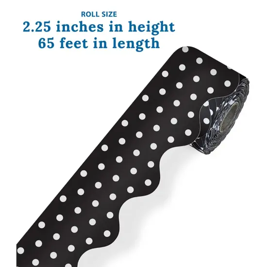 Black with White Polka Dots Rolled Scalloped Border, 65 Feet Per Roll, Pack of 3 {2}