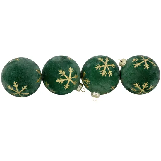 Northlight Velvet Glass Christmas Ball Ornaments with Gold Snowflakes - 3" (75mm) - Green - 4ct {6}