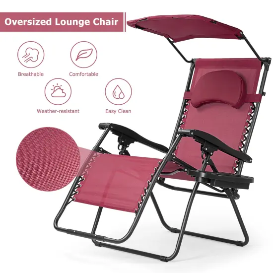 Folding Recliner Lounge Chair with Shade Canopy Cup Holder Red {5}