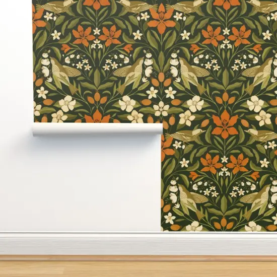 Peel & Stick Wallpaper 2FT Wide Jumbo Floral Green Leaves Orange Lily Flowers Birds Custom Removable Wallpaper by Spoonflower {2}