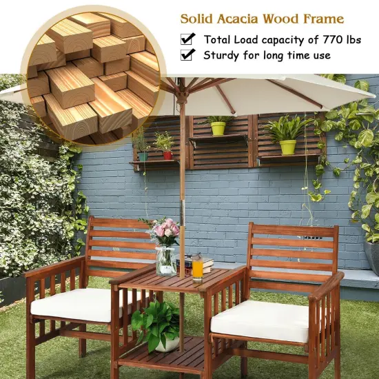 3 pcs Outdoor Patio Table Chairs Set Acacia Wood Loveseat White {6}