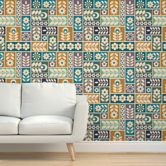 Pre-Pasted Wallpaper 2FT Wide Folk Floral Scandi Botanical Geometric Multicolor Daisy Scandinavian Blue Yellow Custom Pre-pasted Wallpaper by Spoonflower {5}