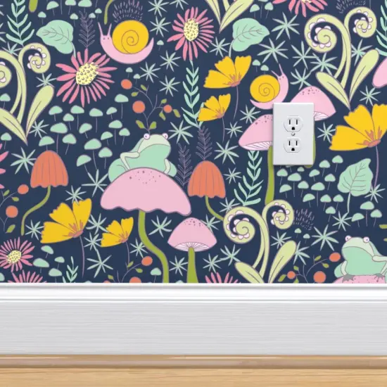 Pre-Pasted Wallpaper 2FT Wide Whimsical Forest Blue Snails Frogs Mushrooms Small Scale Custom Pre-pasted Wallpaper by Spoonflower {4}