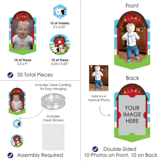 Big Dot of Happiness Farm Animals - Barnyard Baby Shower or Birthday Party Vertical Photo Garland 35 Pieces {4}