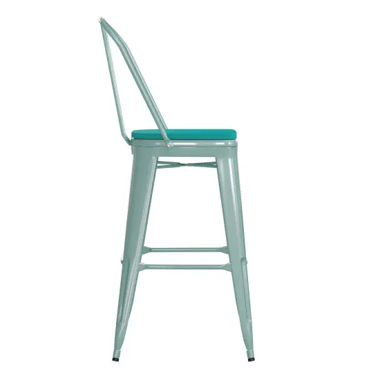 Emma and Oliver Nova Distressed Metal Stools with Backs and Polystyrene Seats for Indoor/Outdoor Use MintGreen/MintGreen {5}