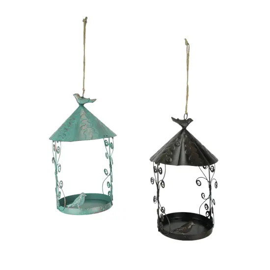 Rust Teal Metal Hanging Bird Feeder Outdoor Decorative Garden Seed Tray Set of 2 {1}