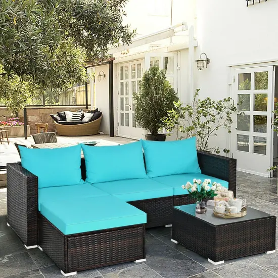 5 Pieces Patio Rattan Sectional Furniture Set with Cushions and Coffee Table Turquoise {1}