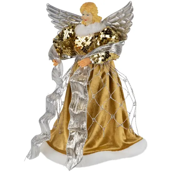 Northlight 12" Metallic Bronze and Silver Sequined Angel Christmas Tree Topper, Unlit {4}