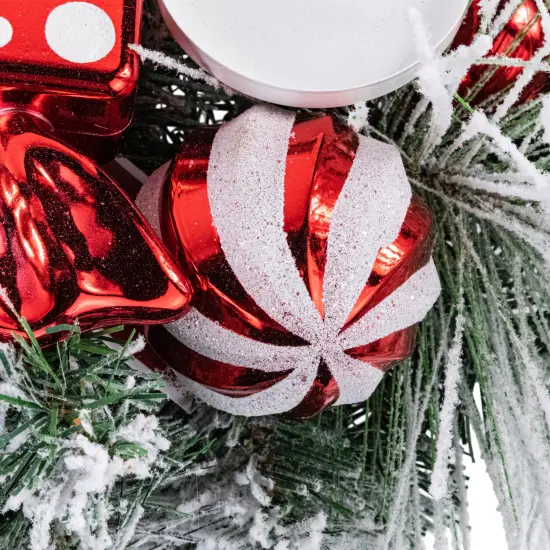 Northlight Triple Candle Holder with Flocked Pine and Christmas Ornaments - 32" - Red and White {6}