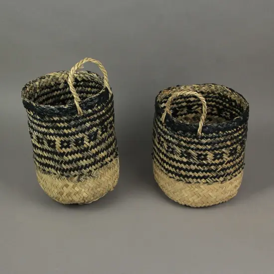 Set of 2 Geometric Pattern Hand-Woven Seagrass Round Baskets Bohemian Decor {6}