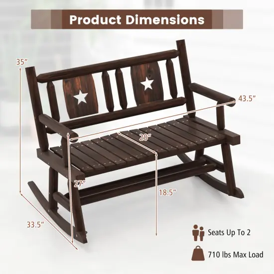 Costway 1/2 PCS Patio Rocking Bench Carbonized Wood Double Rocker Chair with Ergonomic Seat Rustic {3}