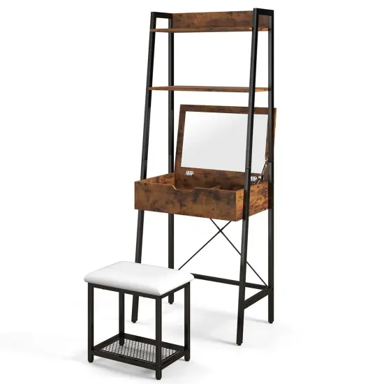 Costway Vanity Table Set Flip Top Mirror Ladder Storage Shelf Cushioned Stool Rustic {7}